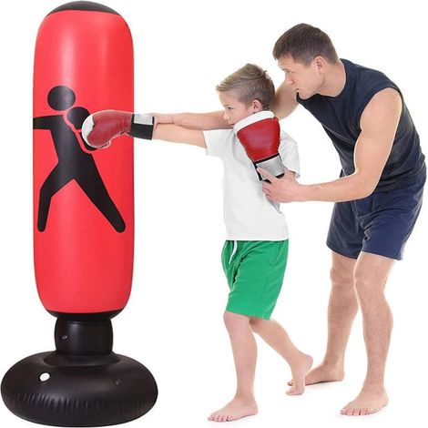 Sac de Boxe Gonflable 160cm, Sac de Frappe sur Pied Autoportant pour Fitness, Tour Stand pour Enfant et Adulte, Anti-Stress, Rouge (1/5)