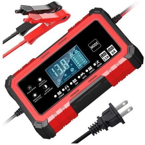 12 V 15 A / 24 V 8 A RougeChargeur à impulsions 12 V 15 A / 24 V 8 A, chargeur de batterie lithium-fer-phosphate 14,6 V 15 A pour motos et voitures, compatible avec les batteries au plomb-acide (1/4)