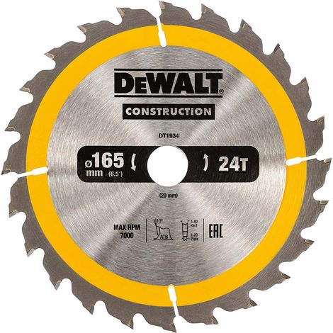 Dewalt – Lame de scie circulaire 165mm 24 dents – Ø20mm pour bois dur et matériaux composites – Coupe nette sans éclat – Prix unitaire
