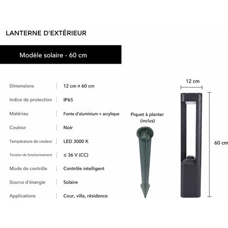 Borne d'éclairage solaire LED 5W en aluminium épais 60 cm sur piquet 60cm réf 2172 1 kg – Livraison gratuite