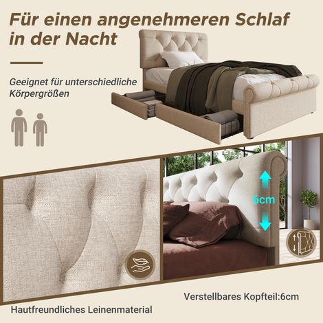 Lit Chesterfield 1 place, rembourré 90x200 cm, sommier avec 2 tiroirs, tête ajustable en hauteur, teinte naturelle, matelas inclus (1/5)