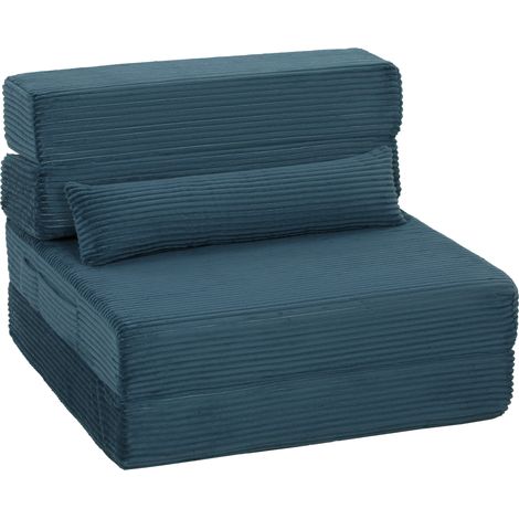 Chauffeuse 1 place - HOMCOM - canapé-lit pliant - dossier, oreiller - entièrement compressé - velours côtelé - 70x190x12,5cm - bleu (1/5)