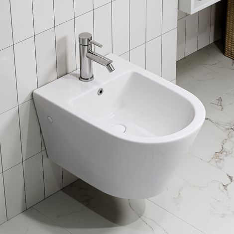 HOROW Bidé mural con orificio para grifo y protección antidesbordamiento, Bidé mural cerámico, Rociador de ducha sanitario 52,5 x 36,5 x 30 cm (1/5)