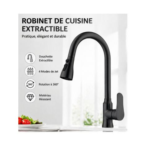 Robinet de cuisine avec douchette extractible – rotation à 360° – acier inoxydable – trois jets, avec flexible d'alimentation – dimensions 25 x 42 cm (1/4)