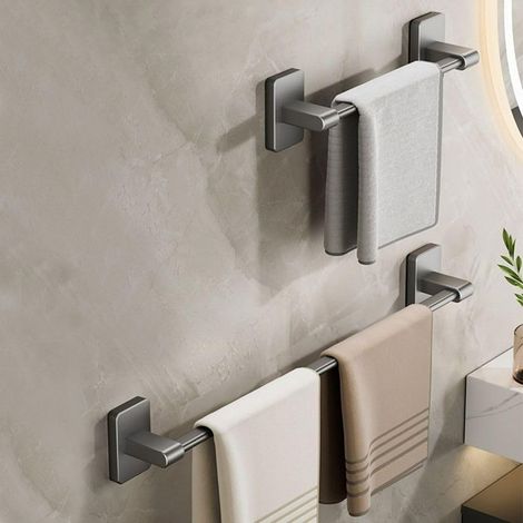 Porte-serviettes mural, 70 cm, aluminium gris, adhésif, sans perçage, salle de bain (1/4)