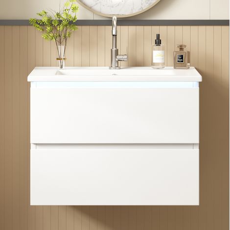 Meuble avec vasque suspendu 61 x 46 x 45 cm, 2 tiroirs, éclairage LED à capteur, blanc HAVRYA (1/5)