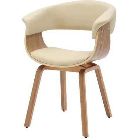 Silla contemporánea NERA en cuero artificial beige crema y estructura efecto roble claro con reposabrazos (1/5)