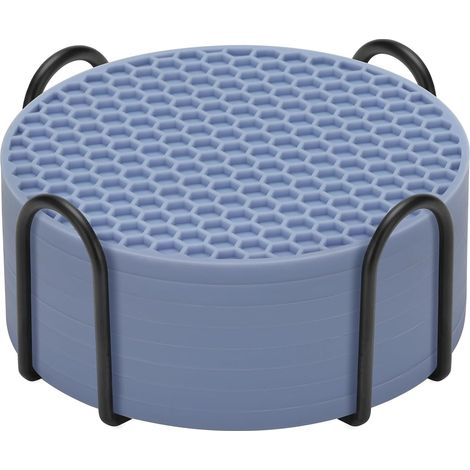 Juego de 8 posavasos de silicona azul con soporte antideslizante y a prueba de derrames. (1/4)