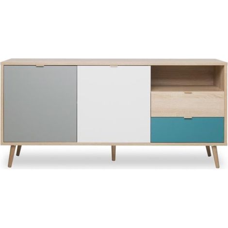 Buffet 2 portes 2 tiroirs 150x40x71 cm naturel et bleu - BAULEO (1/7)