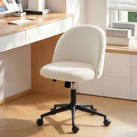 Silla de escritorio giratoria, con ruedas, altura ajustable, asiento basculante, tejido teddy fleece, blanco crema (1/5)