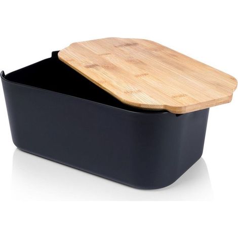 Boîte à pain - VILDE - Plastique noir - Planche en bambou - Design moderne - 33x18,5x12 cm (1/5)
