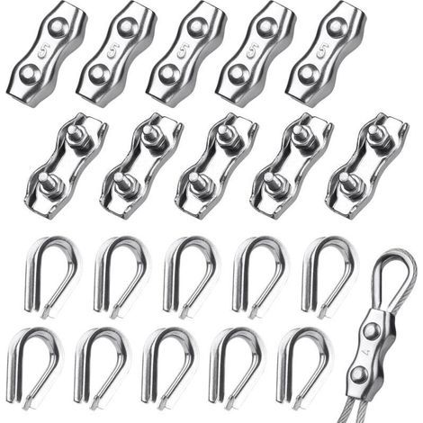 10 morsetti per cavi in acciaio da 5 mm + 10 capicorda, acciaio inossidabile 304 per cavi in acciaio da 3-4 mm, stendibiancheria (1/4)