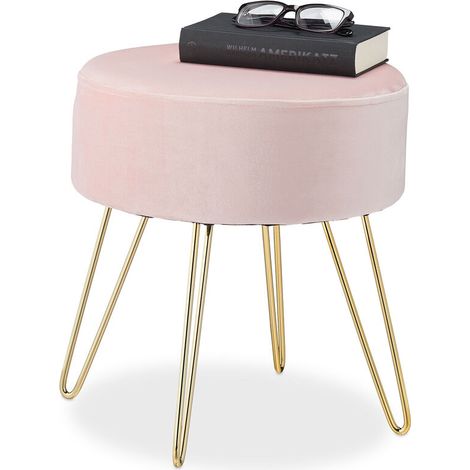Runder, eleganter Schminktischhocker mit goldfarbenen Metallbeinen, modern, aus Samt, Maße: 40 x 40 cm (H x T), Farbe: Rosa
