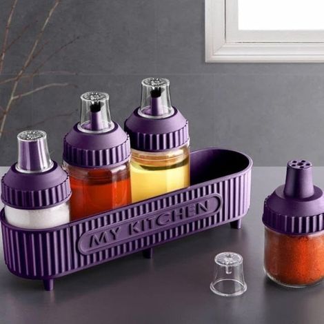 TRADE SHOP - Set Di Contenitori Spezie Oli Con Stand Viola 5pz Cucina Per Conservare Cucinare Condire -