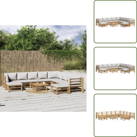 Cojines de asiento - vidaXL Set de muebles de jardín 11 piezas bambú y cojines gris claro - Cojines traseros