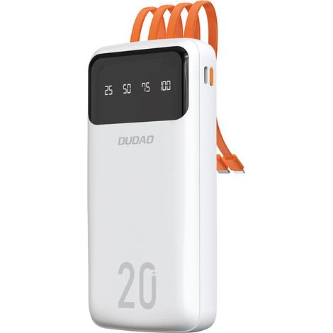 K6Pro+ 20000mAh Powerbank mit integrierten USB-C-, Micro-USB- und Lightning-Kabeln für iPhones – Weiß