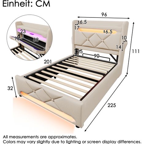 Lit coffre hydraulique beige lin 90x200 cm, sommier à mémoire avec tête de lit rangement, ports USB Type-C, LED 360° pied et tête, ensemble lit simple avec matelas