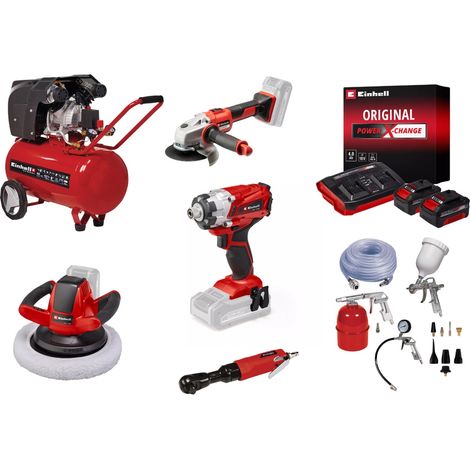 EINHELL Kit garage et atelier Einhell - Visseuse - meuleuse - polisseuse - compresseur + accessoires et batteries (1/5)