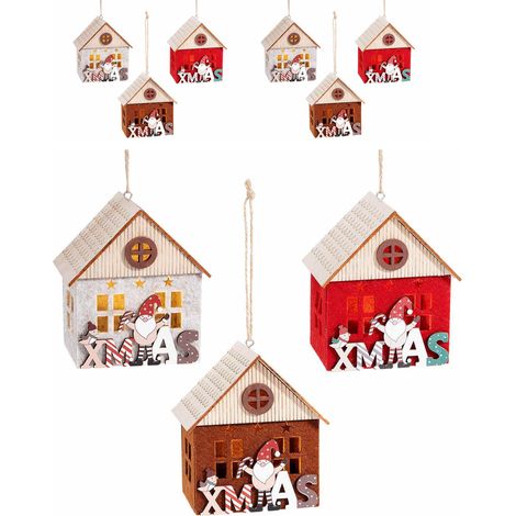 Casetta Natalizie in legno e panno con scritta Xmas e luci - Set 6 addobbi da appendere (1/4)