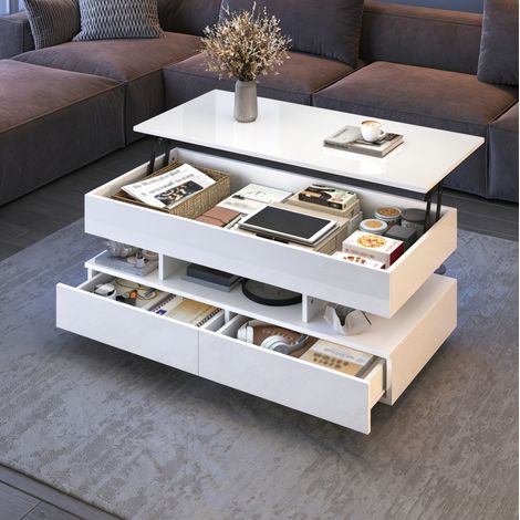 Tavolino da caffè 100x50x45 cm bianco in pannello truciolare con piano rialzabile, LED e contenitore (1/5)