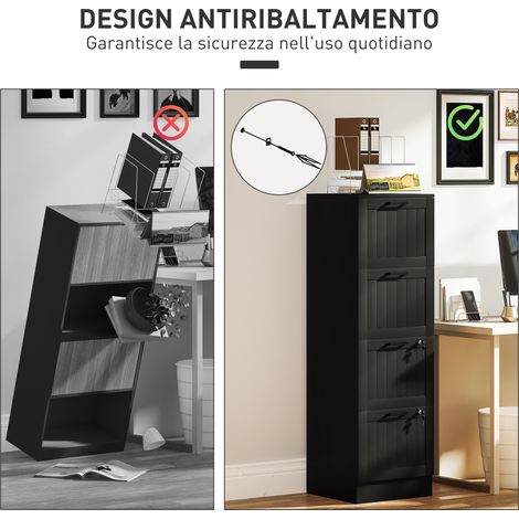 Classeur à dossiers 4 tiroirs, rails ajustables, 2 verrous, bois noir, 40x40x131 cm, meuble de bureau. (1/5)