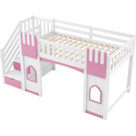 Letto a soppalco 90 x 200 cm con scala contenitore e finestre, bianco e rosa (1/5)