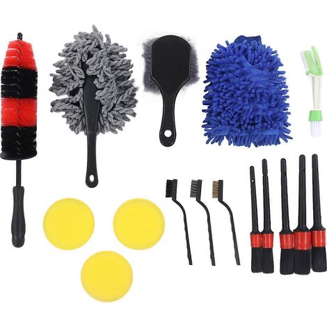 Kit de nettoyage automobile complet de 16 pièces avec brosses pour l'intérieur et l'extérieur.