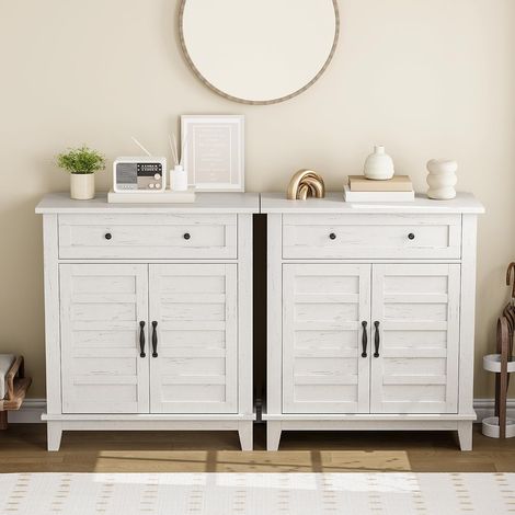 Lot de 2 Buffets Bas Style Farmhouse Blanc avec Tiroir et Étagères Réglables 3 Niveaux, Meubles de Rangement pour Cuisine, Salle à Manger et Entrée, Blanc (1/5)