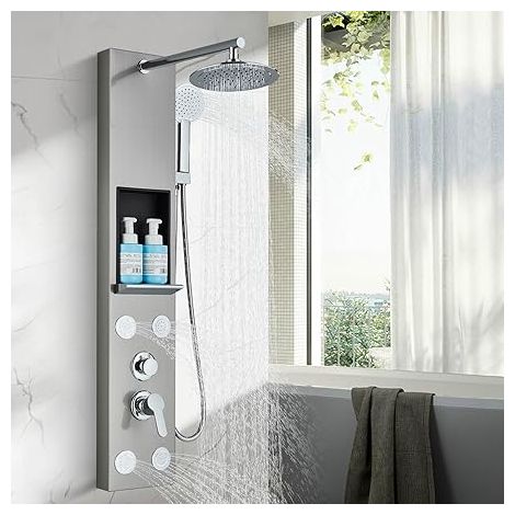 Panneau de douche, colonne de douche avec pommeau de douche effet pluie, jet de massage, douchette et bec de baignoire, acier inoxydable 304, finition brossée (1/5)