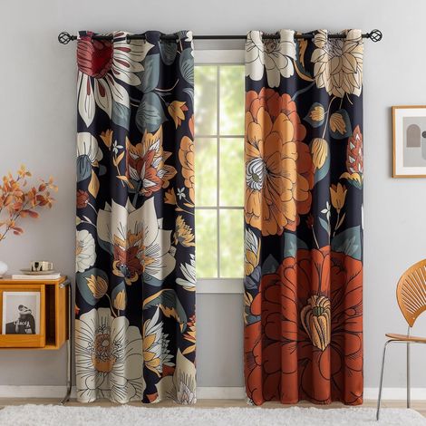Lot de 2 rideaux occultants et thermiques à œillets – Motif floral bohème, style Mid-Century – Convient au salon et à la chambre – 132 cm de largeur x 213 cm de longueur – Noir (1/5)
