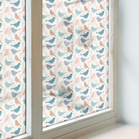 Klebefolie 100x146 cm Dekorativ Folie für Schlafzimmer Milchglas Selbstklebend Sichtschutz Fenster UV-Schutz Blickdicht PVC Pastellfarbene Vögel