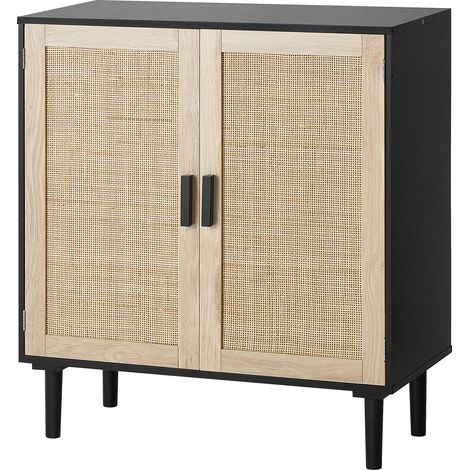 VEVOR Mobile in Rattan, Cassettiera in Rattan, Mobile Portaoggetti con 2 Ante Magnetiche e Ripiani e Maniglie Regolabili, Mobile Buffet Credenza per Corridoio, Ingresso, Nero 800 x 375 x 880 mm