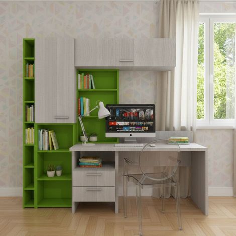 Angolo studio multifunzionale con libreria a profondità variabile e cassettiera integrata - Rovere rock e Verde mela