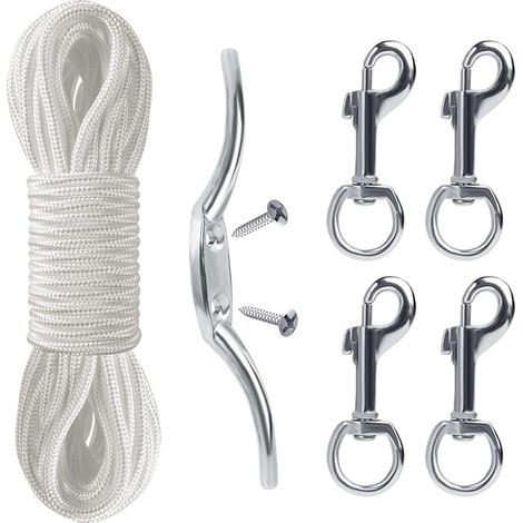 Corde de drapeau de 15 m avec 4 crochets à ressort, corde en nylon pour usage domestique et extérieur, corde de drapeau avec 1 boulon de fixation (blanche) (1/5)