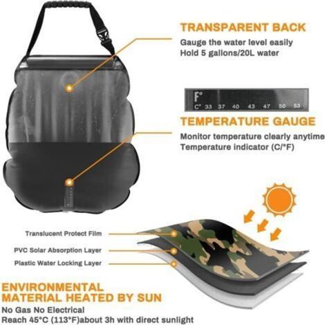 Douche solaire de camping, 20 l, portable, avec pommeau de douche à 45 °C, marche/arrêt (1/5)