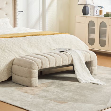 Bout de Lit Moderne en Chenille 160cm Banquette Design Cannelée sans Accoudoirs Banc d'Entrée Confortable Pouf et Repose-Pieds pour Chambre Salon - Beige (1/5)