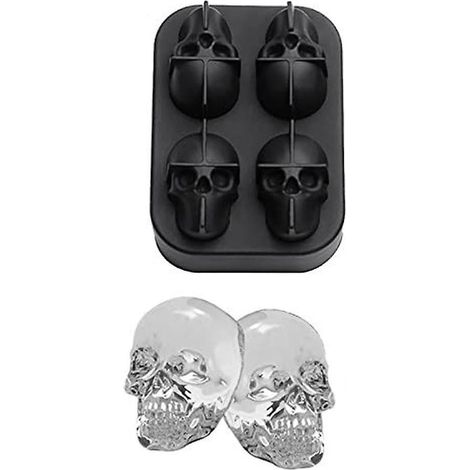 moule Glaons En Silicone Noir Motif Tte De Mort 3d, Pour Quatre Gros Glaons En Forme De Ttes De Mort, Pour Rafrachir Bourbon, Whisky, Cocktail, C (1/5)