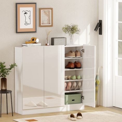 Armoire à chaussures fine couloir 25 à 30 paires chaussures portes à fermeture douce brillant - Couleur: Blanc (1/4)
