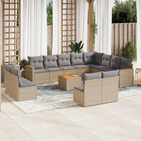 13-tlg. Garten-Sofagarnitur mit Kissen Beige Poly Rattan (1/3)