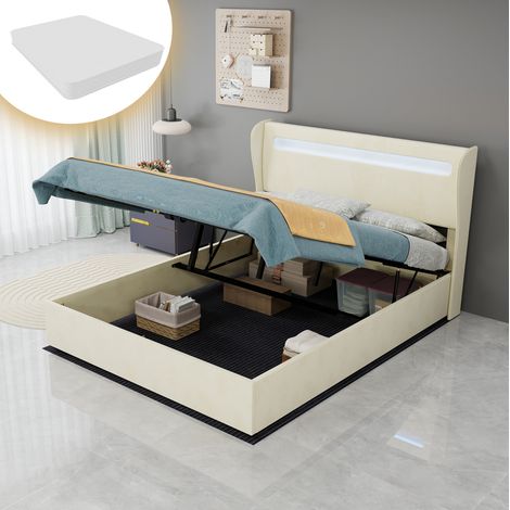 Letto matrimoniale moderno imbottito 140x200 cm beige con testiera regolabile e LED integrato, struttura in metallo (1/5)