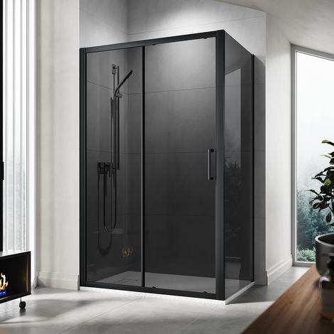 ELEGANT 1200mm Shower Cabin Black Sliding Door 800mm Shower Screen Panel 8mm Grey Nano Glass Wet Room with Anti-Slip Shower Base Tray 1200x800mm and Waste Trap (1/5)