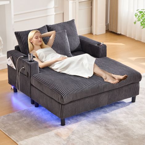 Ménage méridienne capitonné avec porte-gobelets latéraux, port USB et éclairage d'ambiance LED intégré. Idéal pour les salons, les chambres ou les vérandas. (1/4)