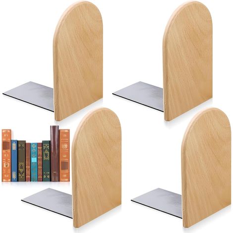 Lot de 4 serre-livres en bois de hêtre - 13 x 8 x 10,5 cm - Pour livres lourds, CD, disques vinyles - Support stable en bois pour bureau, bibliothèque (4Y) (1/5)