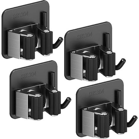 Support mural auto-adhésif pour balai/serpillère (4 pièces), en acier inoxydable, sans perçage, pour balais et outils de jardin - 8,5 x 6,5 x 4 cm - Noir (1/5)