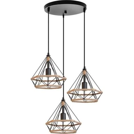 3 Lustres Suspensions en Diamant Cage Industrielle Lampe Suspension Corde de Chanvre Vintage pour Salon Chambre Cafe Bar (1/4)