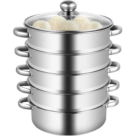 Manti - Cuiseur vapeur à 5 étages - En acier inoxydable - Diamètre : 26 cm - Avec panier vapeur et couvercle en verre - Pour cuisinière à induction (1/5)