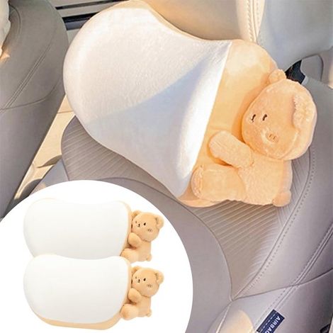 Lot de 2 coussins pour appui-tête de voiture - Coussin de soutien pour la nuque - Ours en peluche mignon - Soutien de la nuque pour siège auto - Respirant - Confortable jaune (1/5)