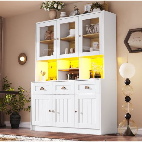 Credenza 140x40x175 cm in pannelli di legno bianco con contenitore per sala da pranzo FloraGrace (1/5)