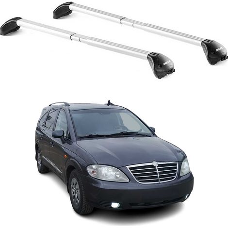 OMAC Barres de toit transversales certifiées TÜV pour Ssangyong Rodius 2004-2019 – Verrouillables (4 antivols) – Charge max 100 kg – Sangle inox + protection caoutchouc Argent (1/5)