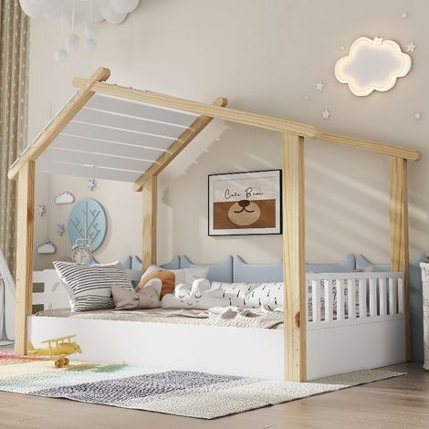 Hausbett Kinderbett 90x200 cm mit Lattenrost, Holzhaus Bett aus Kiefernholz FSC-zertifiziert, Einzelbett für Kinderzimmer, Weiß und Natur (1/5)